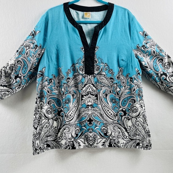 JM Collection Women's Linen Tunic Turqouise Paisley 3/4 Ruched Sleeve 2X - Picture 1 of 9